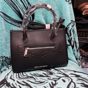 French Connection Black Pebbled Leather Satchel with Zip Pocket